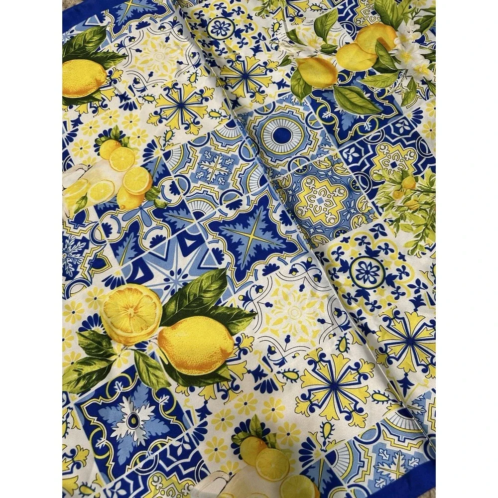 Italian Tile Lemon Print Square Scarf  Blue Yellow Amalfi Coast Satin Head Wrap